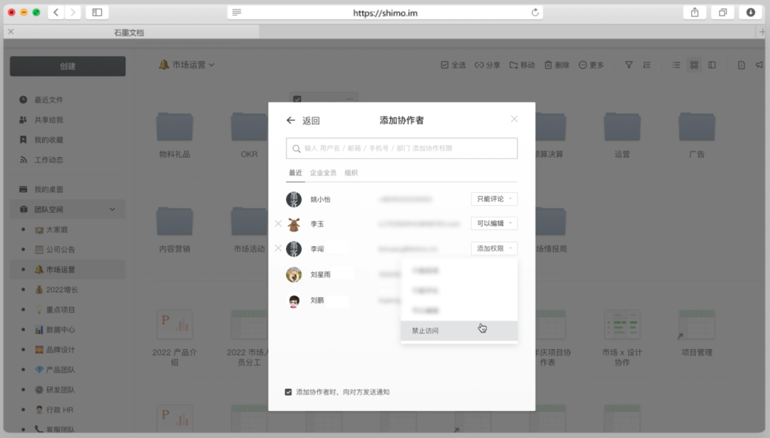 文档协作者管理窗口,可查看成员并设置访问权限