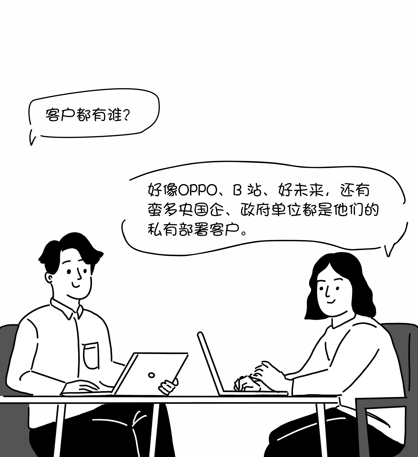 漫画中,同事介绍 OPPO、哔哩哔哩、好未来等历史客户案例